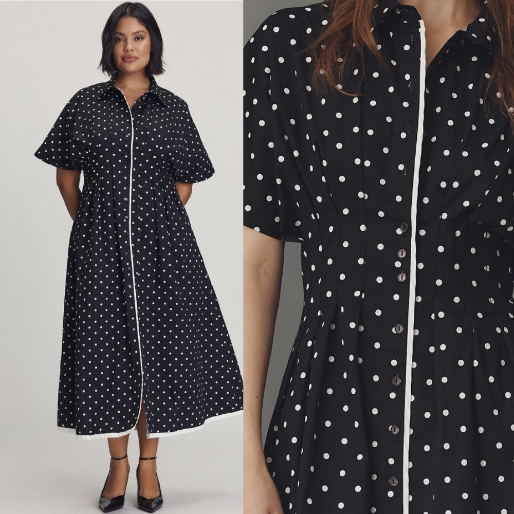 NWT Anthropologie Exquise The Tobie Shirt Dress Black‎ White Polka Dot XL Midi
